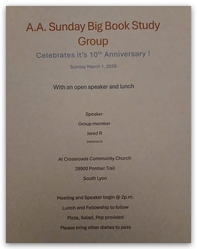 Sunday Big Book Study Group 10th Anniversary!