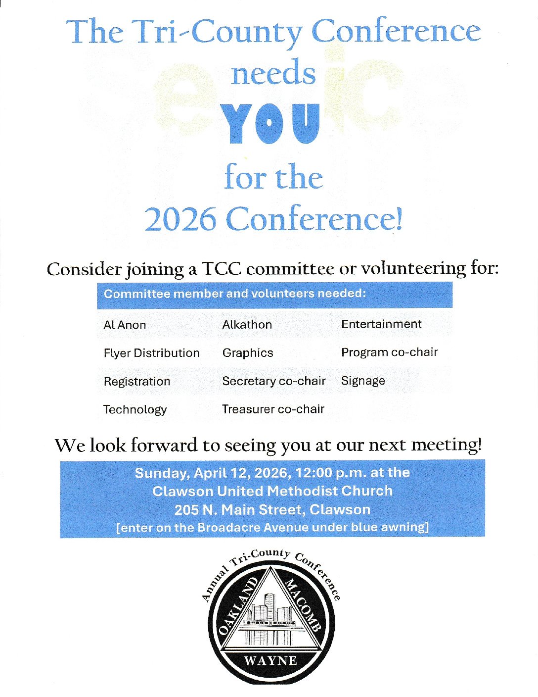 Tri-County Conference Committee and Volunteer Meeting