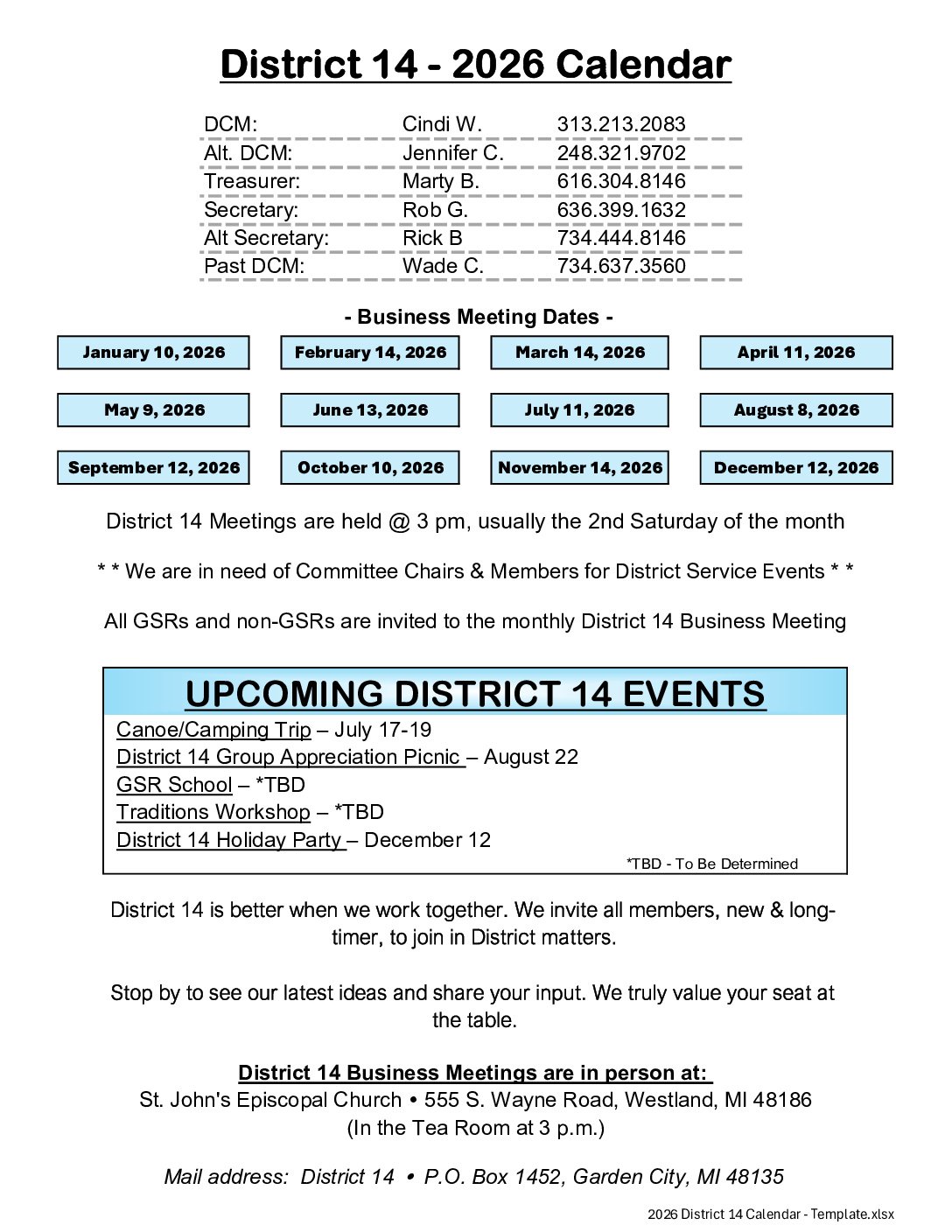 District 14 – 2026 Calendar