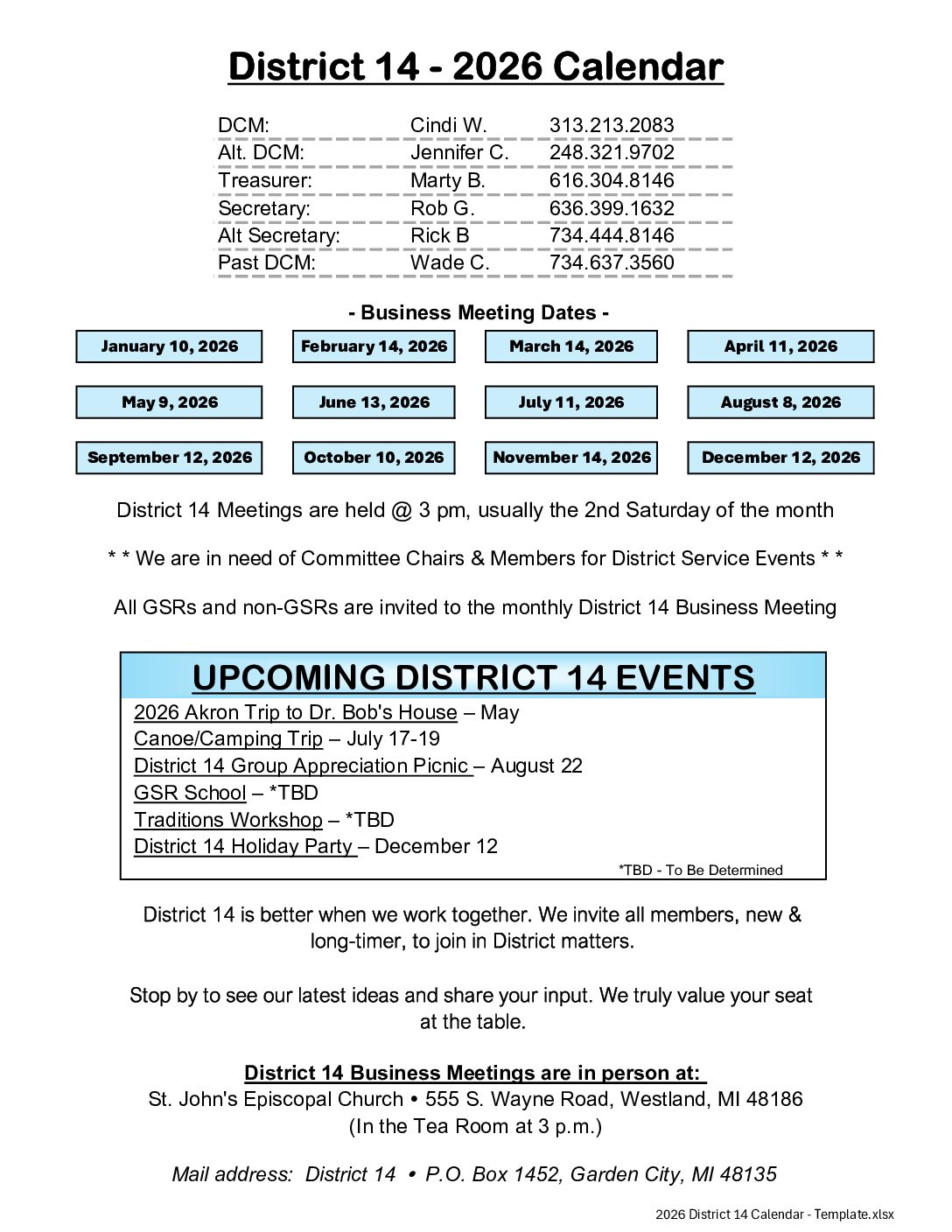 District 14 – 2026 Calendar