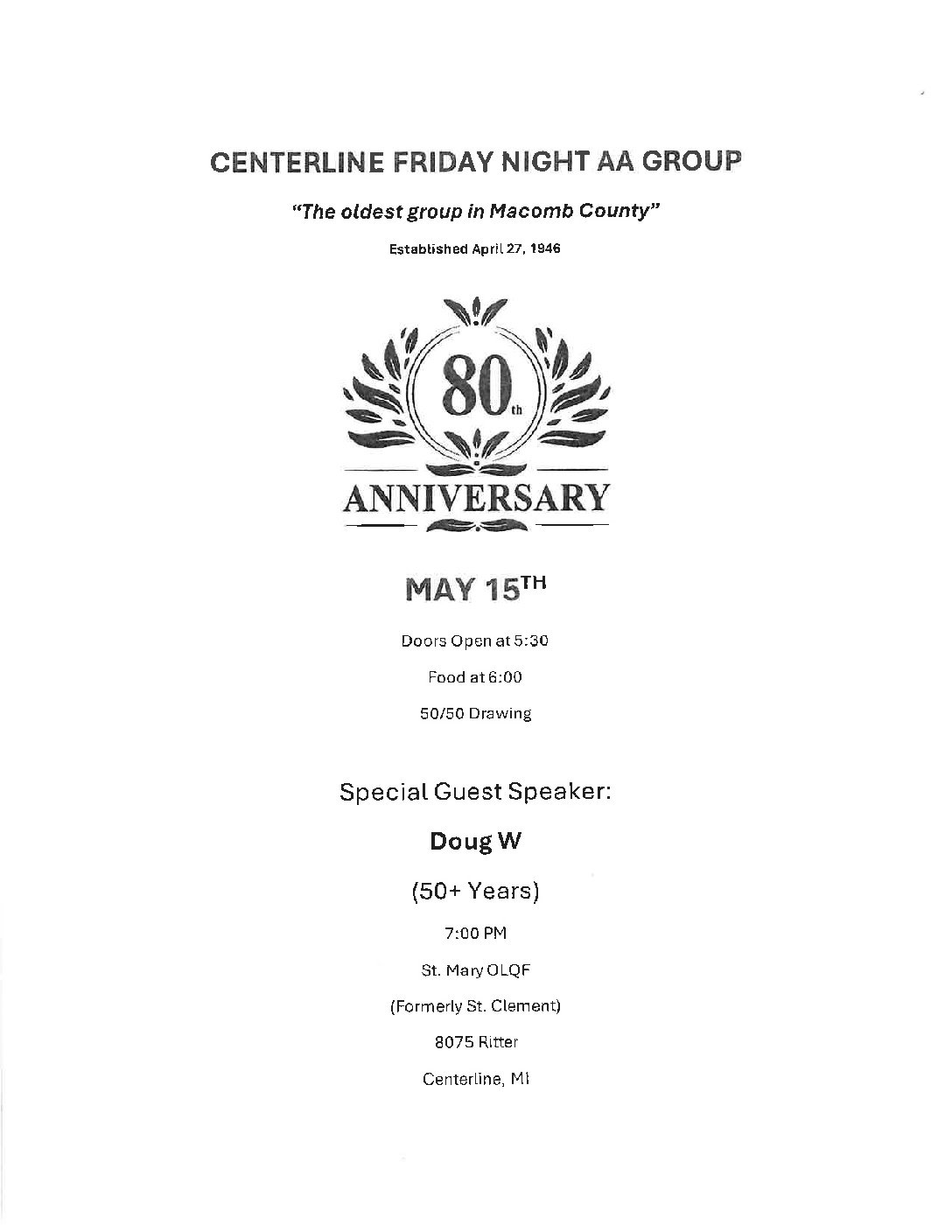 Centerline Friday Night AA Group – 80 Anniversary
