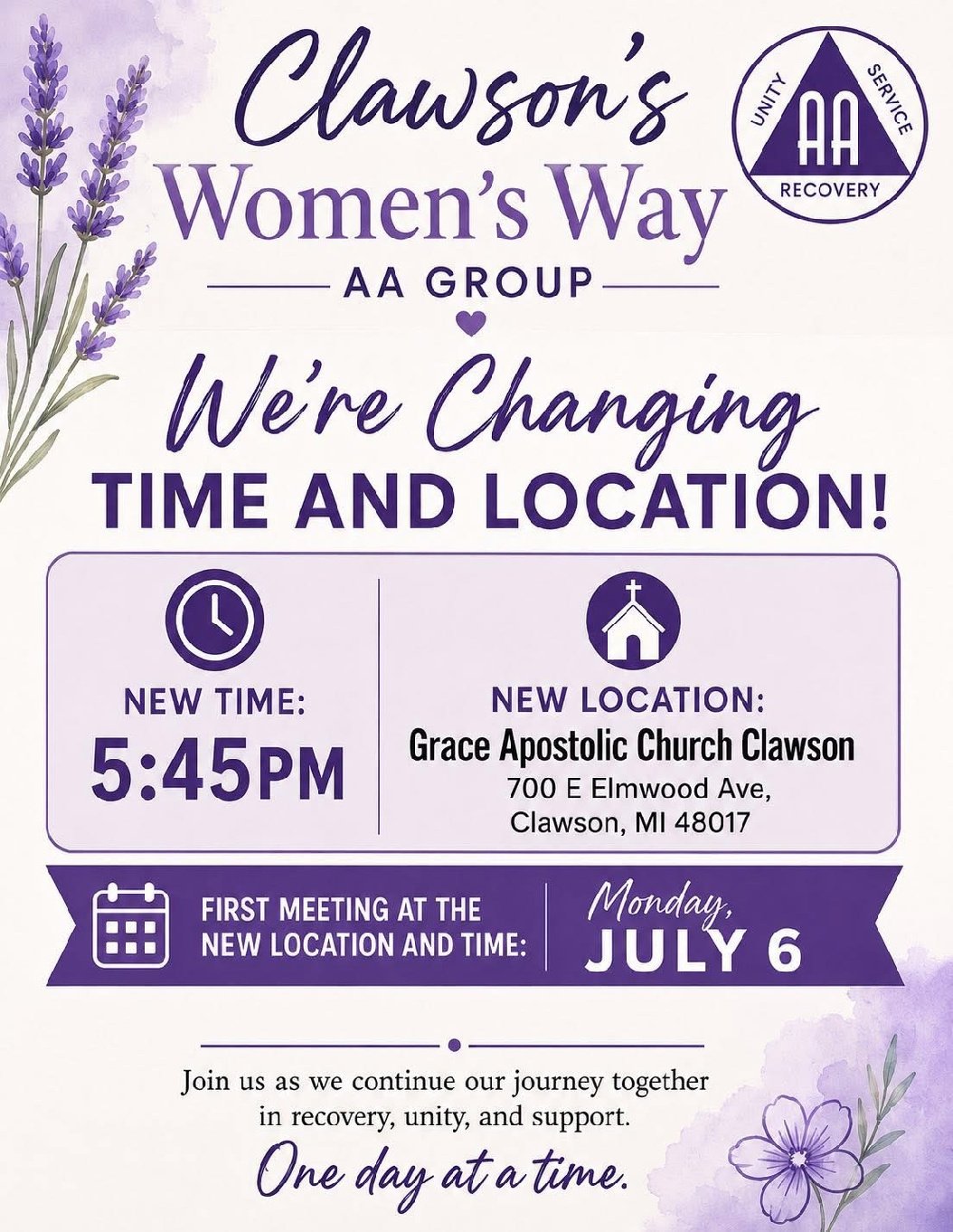 Clawson’s Women’s Way New Time and Location