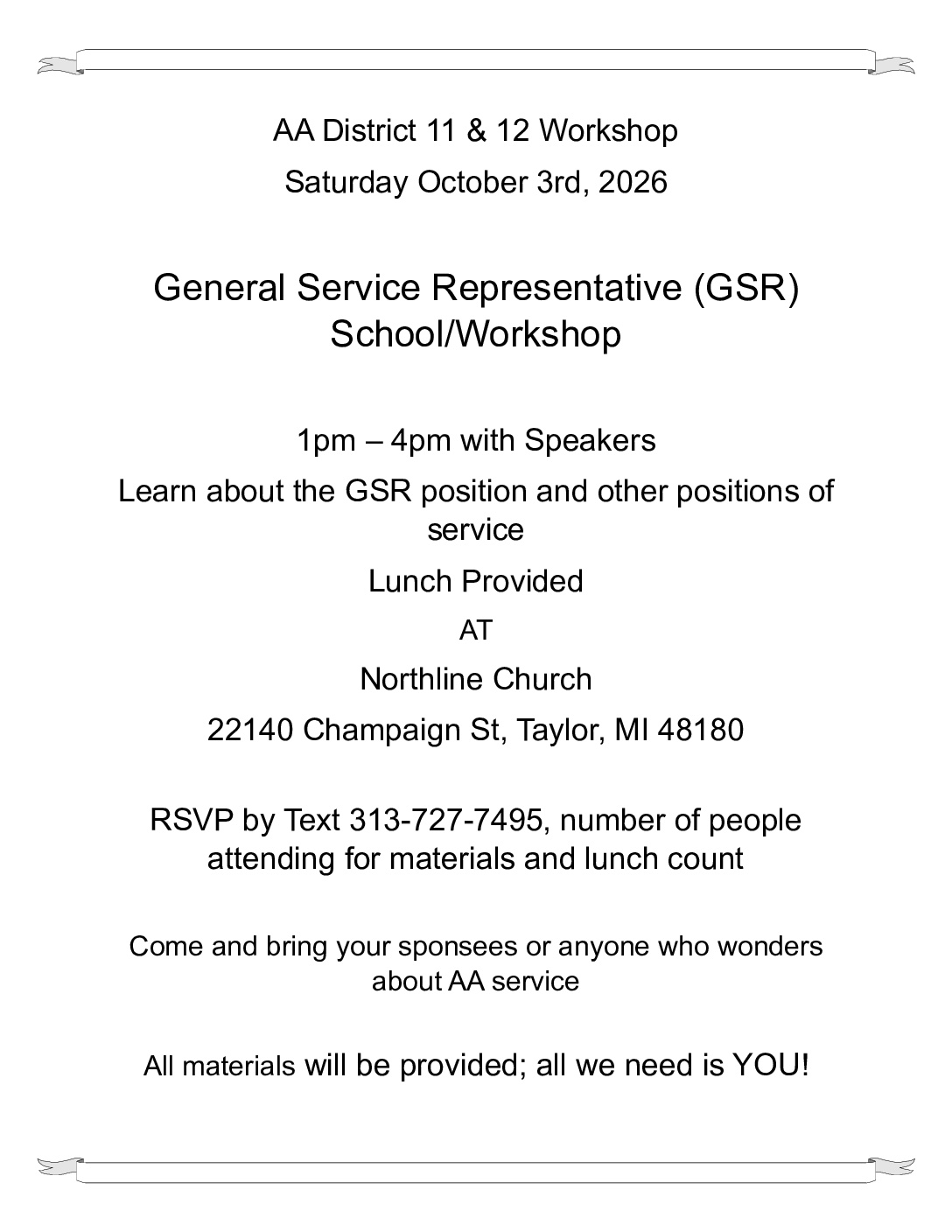 District 11 & 12 General Service (GSR) Workshop