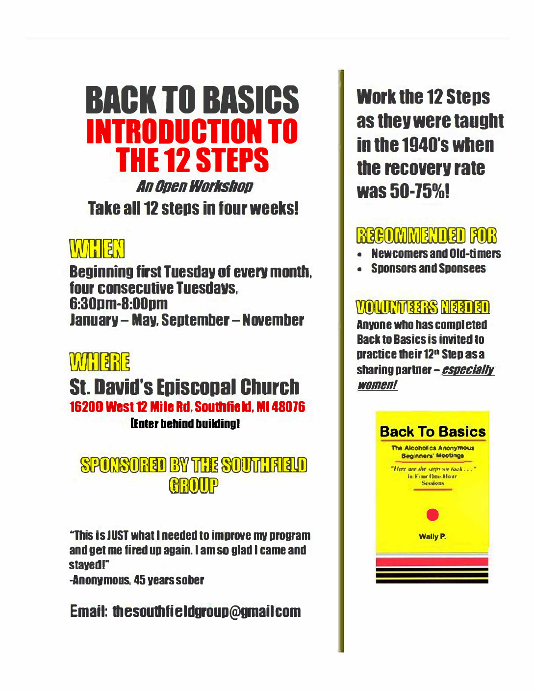 Back to Basics: Introduction to the 12 Steps (An Open Workshop)