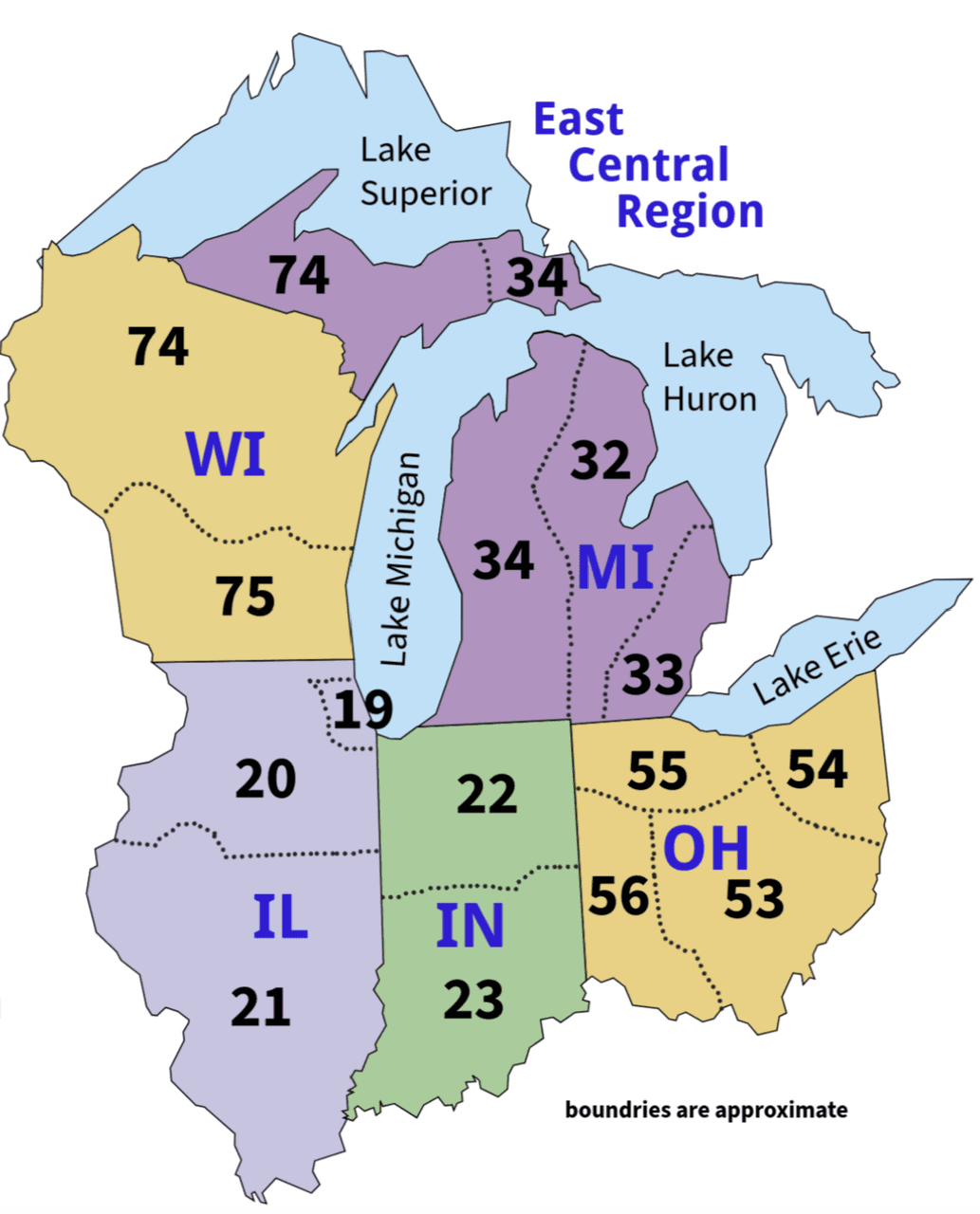 Map of Michigan, Ohio, Indiana, Illinois, and Wisconsin superimposed with Area numbers.